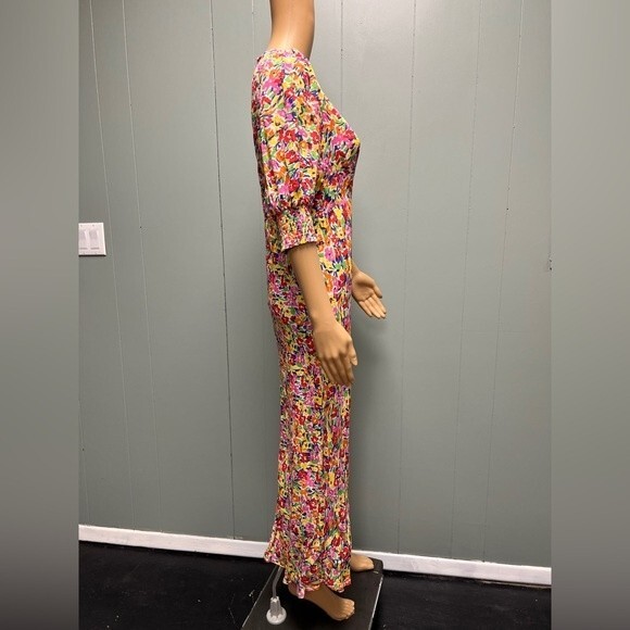 Multi Color Floral Puff Sleeve Midi Dress by RIXO Hidden back zip v neck Size 8 - Picture 4 of 12